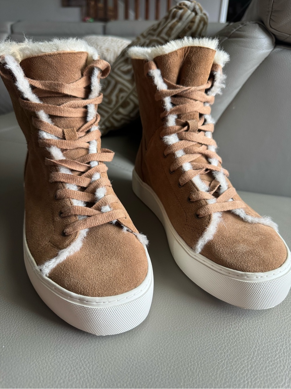 UGG Tan Suede High-Top Sneakers with White Shearling Trim